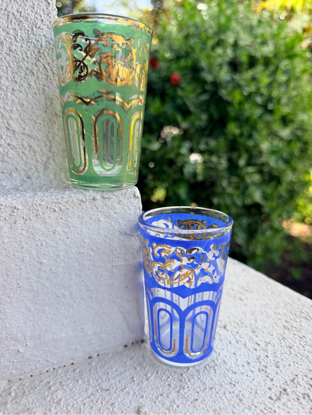Vintage FATH Moroccan Tea Glasses Blue Green Gold Filigree Set of 2 4”